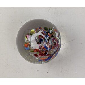 Vintage Murano Style Art Glass Round Paperweight 1.75" Artist Signed Colorful